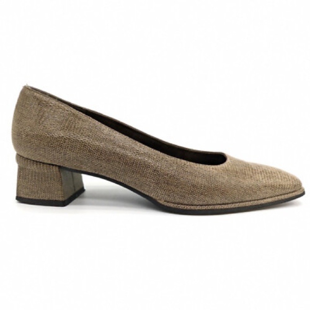 Stuart Weitzman Taupe Leather Textile Block Heel Pumps